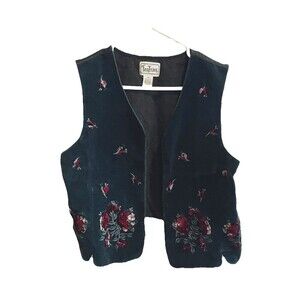Vintage 90's Tantrums Black Velvet Vest Embroidered Red Roses Bohemian Goth M